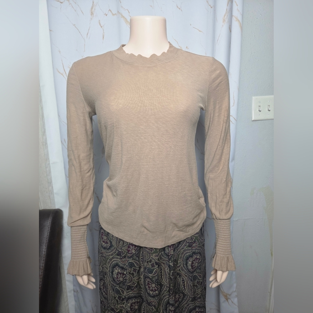 Women's Long Sleeve Ruffle Neck Top in Beige